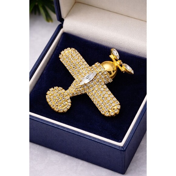 Unbranded Jewelry - Gold Tone Rhinestone Airplane Brooch Pin Sparkly Crystal Biplane Travel Flight